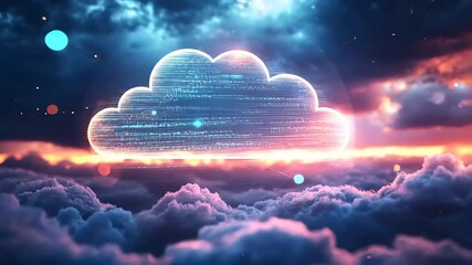 Wall Mural - futuristic digital cloud glowing above vibrant clouds during sunset, symbolizing data storage and te