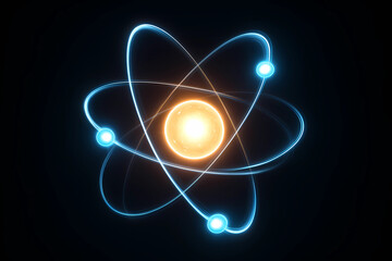 Wall Mural - futuristic glowing atom structure with orbiting particles on dark background, 3d abstract digital re