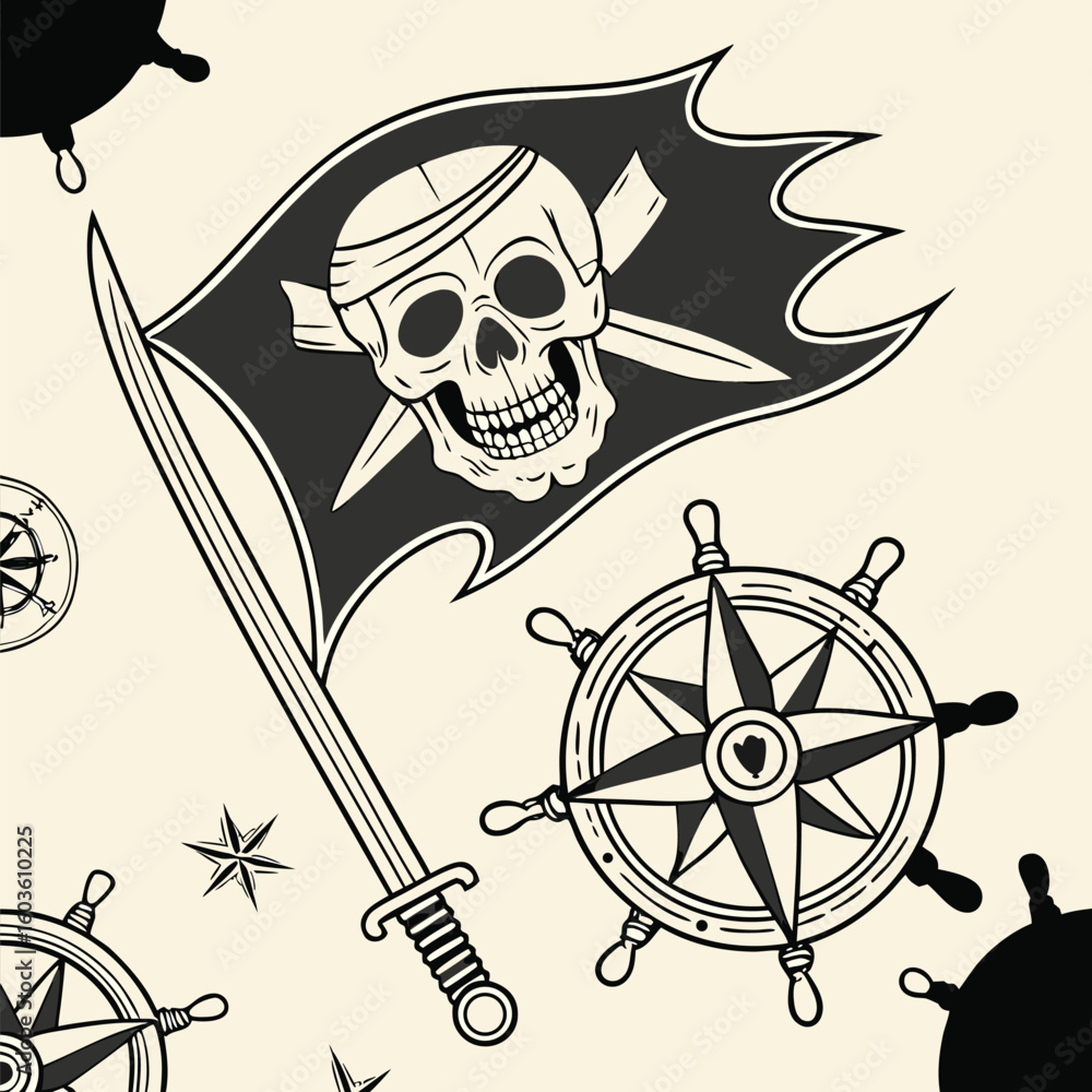 Design of a seamless vector pattern with pirate skulls and nautical ...