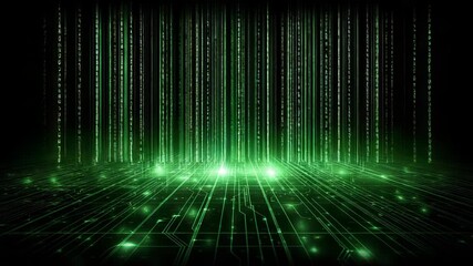Green digital binary code streams falling on a glowing circuit board surface