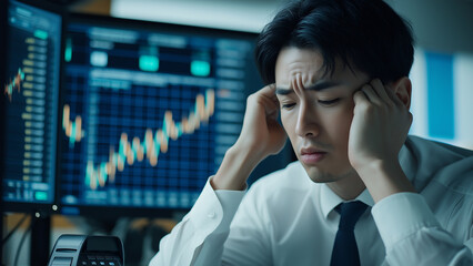 Asian male investor or day trader, distressed expression with hand on head, copy space