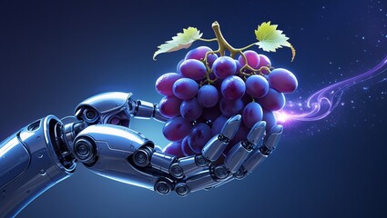 Close-up of a robot hand holding a grape emitting purple light