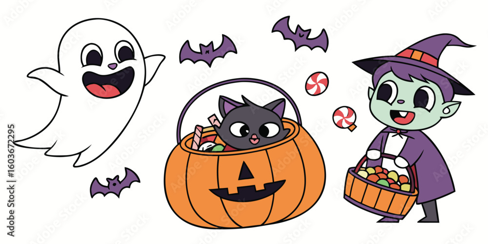Cute halloween characters ghost black cat pumpkin and witch isolated on ...