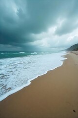 Wall Mural - Deserted Beach, Overcast Summer Day Crashing Waves, Damp Sand, Unexpected Serenity
