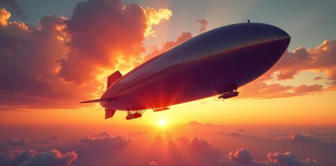 Wall Mural - Majestic Airship at Sunset A Giant of the Sky Effortlessly Soaring Through Vibrant Hues, Casting a Long Shadow Below, Showcasing the Beauty and Scale of  High-Altitude Flight Innovation.