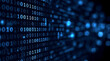 © Ada - ฺBlue digital binary data on computer screen. dark blue abstract background featuring glowing white and light blue binary code on the left side, with a shallow depth of field creating a blurred