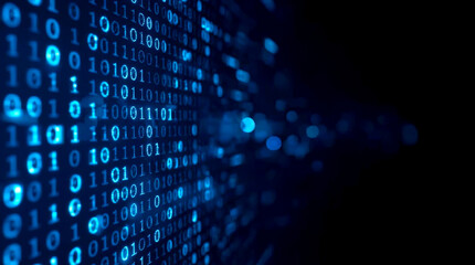 ฺblue digital binary data on computer screen. dark blue abstract background featuring glowing white 