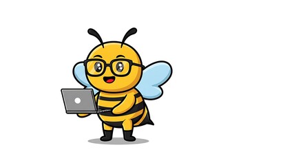 Cartoon Bee with Glasses Using Laptop on White Background