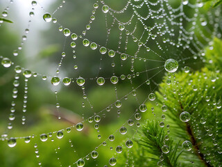Delicate spider web covered in glistening raindrops on a green plant