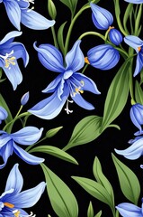 Wall Mural - Bluebells on black background cartoonish seamless pattern