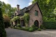 © gamespirit - Charming brick house surrounded by lush greenery in a tranquil neighborhood on a sunny day showcasing elegant architecture and inviting landscaping