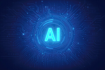 Glowing blue artificial intelligence circuit board with binary code technology digital