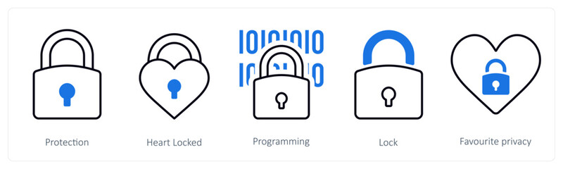 A set of 5 mix icons as protection, heart locked, programming