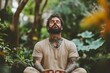 © Rajat - Handsome man with tattoos practicing meditation in a botanical garden, promoting mental well-being and mindfulness, Generative AI
