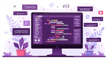 Flat illustration of computer monitor displaying code