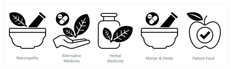 Wall Mural - a set of 5 mix icons as naturopathy, alternative medicine, herbal medicine