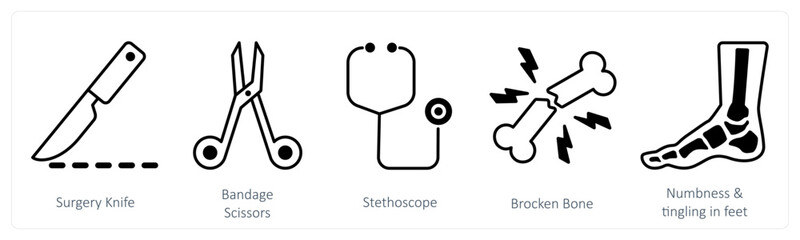 Wall Mural - a set of 5 mix icons as surgery knife, bandage scissors, stethoscope