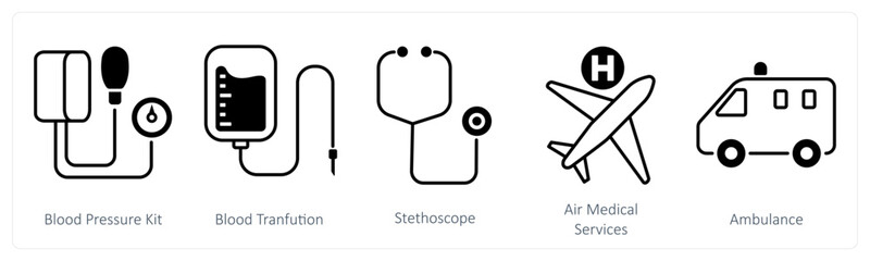 Wall Mural - a set of 5 mix icons as blood pressure kit, blood transfusion, stethoscope