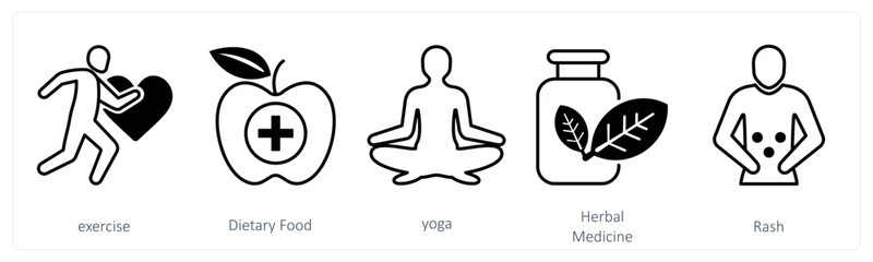 Wall Mural - a set of 5 mix icons as exercise, dietary food, yoga