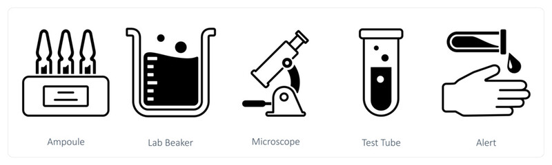 Wall Mural - a set of 5 mix icons as ampoule, lab beaker, microscope