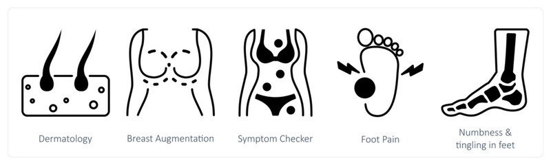 Wall Mural - a set of 5 mix icons as dermatology, breast augmentation, symptom checker