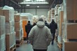© Rajat - Rear view of warehouse workers walking through a warehouse, preparing products for shipment and showcasing efficient team coordination, Generative AI