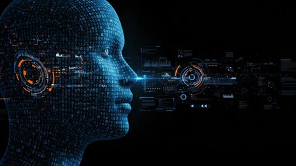 A futuristic blue digital head with binary code and glowing hud elements represents artificial intelligence