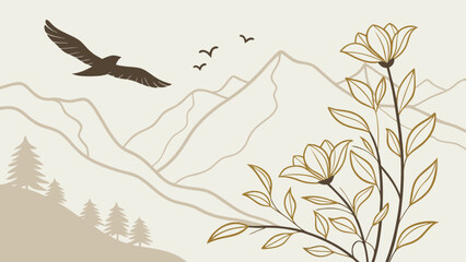 mountain landscape with flying eagle, birds, flowers, and trees vector illustration background for d