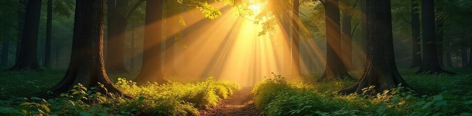 Wall Mural - Sunbeams filter through a dense canopy, illuminating the forest floor with dappled light and shadows Golden rays create a magical atmosphere amongst the trees and undergrowth , sunlight, wood