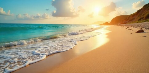 Wall Mural - Sun-drenched golden sand meets a tranquil ocean Gentle waves lap the shore, leaving delicate patterns in the wet sand Perfect for travel, vacation, and nature themes , nature, ocean