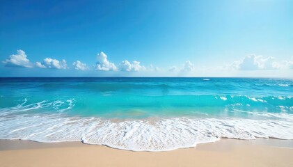 Wall Mural - Vast expanse of deep blue ocean meeting the horizon, waves gently crashing on a sandy shore Perfect for travel, nature, and serenity themes , aqua, horizon, coastal
