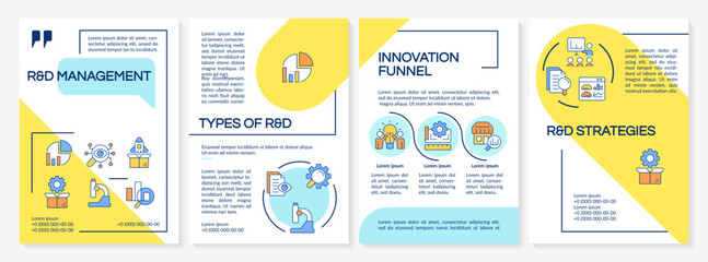 Wall Mural - research and development blue and yellow brochure layout. types, innovation funnel, strategies. leaf