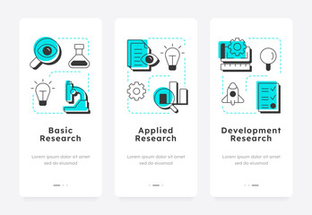 Wall Mural - types of research and development mobile app onboarding screens. organization management. innovation