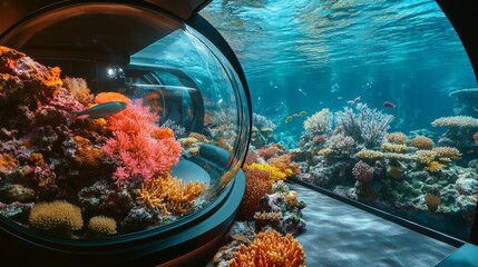 Wall Mural - explore the vibrant underwater world through a stunning aquarium view. witness colorful corals and m