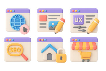 Colorful 3d icons for web design and digital marketing concepts