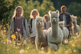 Dzieci podczas terapeutycznego spaceru z alpakami. Kontakt ze zwierzętami wspiera rozwój emocjonalny i przynosi radość najmłodszym.