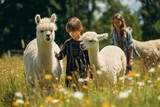 Dzieci podczas terapeutycznego spaceru z alpakami. Kontakt ze zwierzętami wspiera rozwój emocjonalny i przynosi radość najmłodszym.