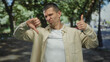 © Krakenimages.com - Man making thumbs up and thumbs down gestures in sunny park setting outdoors showing mixed emotions contrasting positive and negative with trees in background and sunlight filtering through.