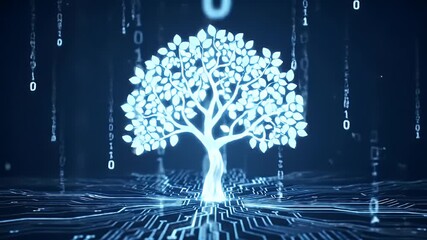 Futuristic digital tree growing from a glowing circuit board with falling binary data conceptualizing technology growth and information systems
