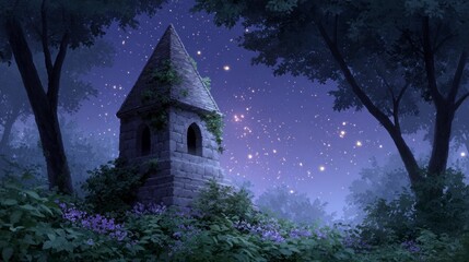 Wall Mural - Ancient stone tower overgrown with ivy under a starry night sky with glowing orbs