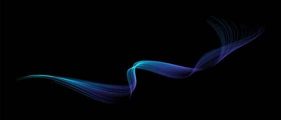 Wall Mural - Vector abstract brush stroke wavy lines flowing smooth curve blue green light gradient isolated on black background in concept of technology, science, music, modern.