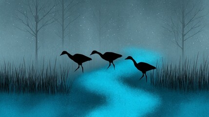 Wall Mural - Three black silhouettes of birds walk along a misty glowing blue path beside tall grasses and bare trees