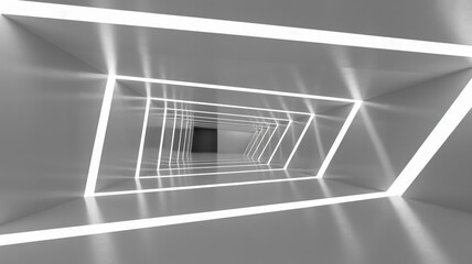 A minimalist architectural interior photograph of a white corridor with angular geometric shapes.