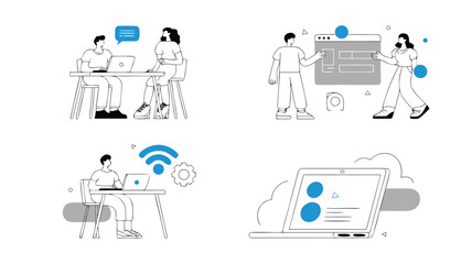 Four Illustration Scenes Depicting Online Communication, Teamwork, Software Development, and Cloud Computing Concepts