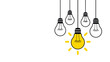 © TrendyImages - Hanging Light Bulbs with One Illuminated Idea, Illustration on White Background