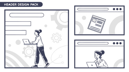 Header design pack showcasing a woman with a laptop and browser windows with content and another woman