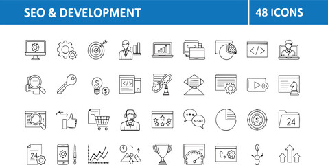 SEO and Development, 48 icons, line art on white background