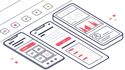 isometric view of three mobile phones displaying different user interface designs and desktop elemen