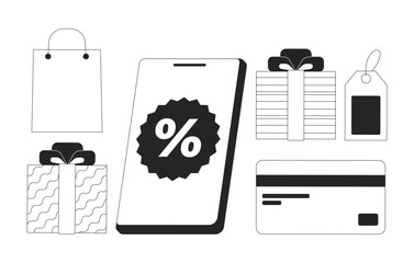 Wall Mural - online shopping and payment 2d line objects set. gifts, mobile discount, branding bag, price tag, cr