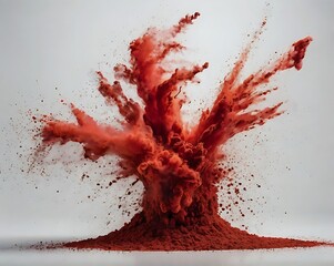 A burst of vibrant red powder frozen in motion against a clean white backdrop, capturing festive energy.